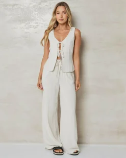 Sets|Linen Blend*Mooloola Adi Dallis Tie Front Vest Natural Salt And Pepper