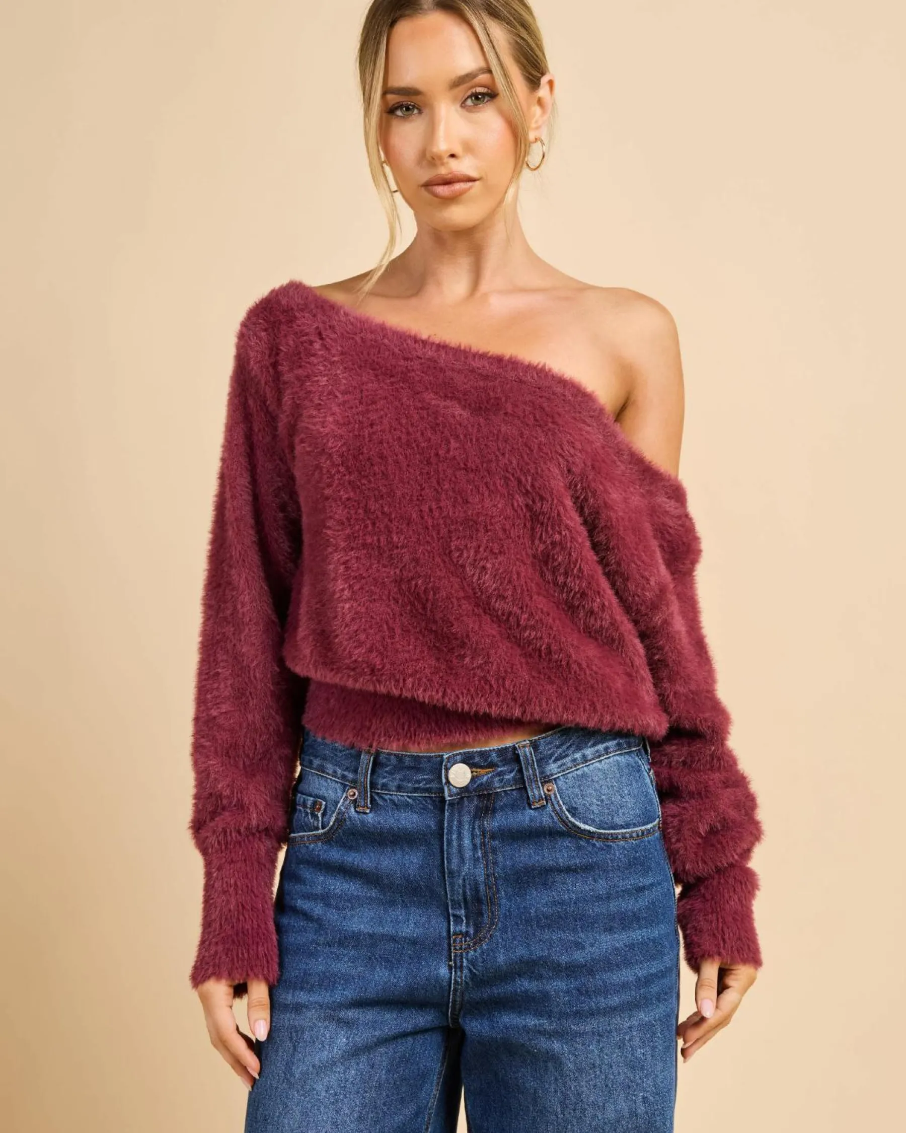 Knitwear|Jumpers & Hoodies*Luvalot Adia Off Shoulder Knit Jumper Berry