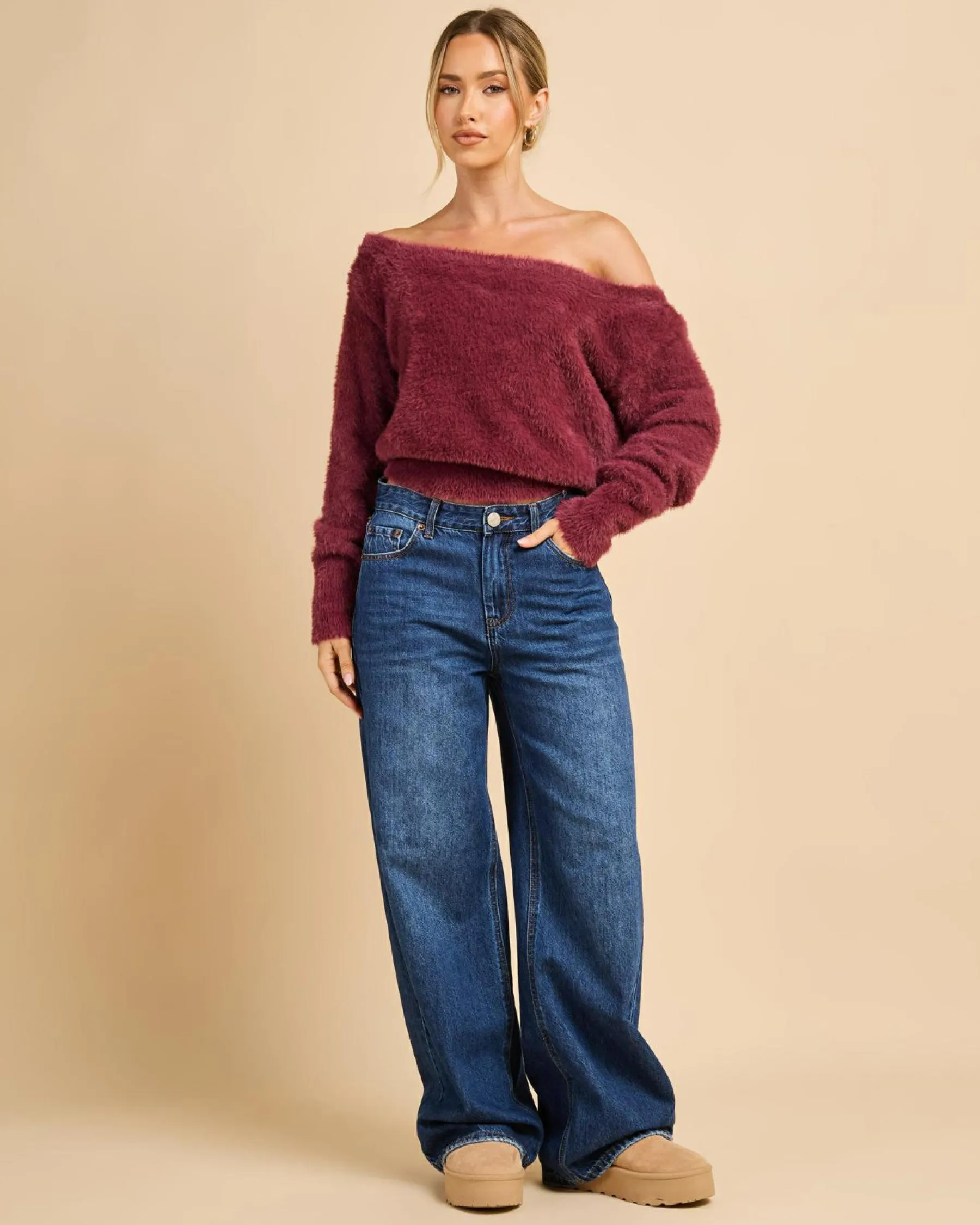 Knitwear|Jumpers & Hoodies*Luvalot Adia Off Shoulder Knit Jumper Berry
