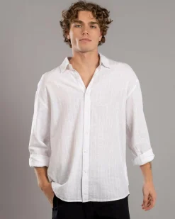 Tops & T-Shirts|Linen Blend*Skylark Allure Long Sleeve Shirt White