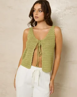 Tops*Mooloola Anastasia Crochet Tie Up Cami Top Sage