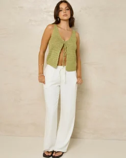 Tops*Mooloola Anastasia Crochet Tie Up Cami Top Sage