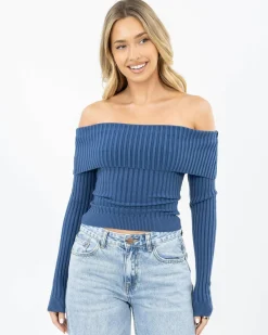 Tops*Ava And Ever Ari Off Shoulder Knit Top Indigo
