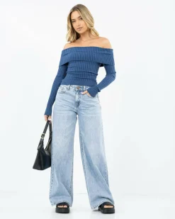 Tops*Ava And Ever Ari Off Shoulder Knit Top Indigo