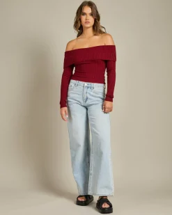 Tops*Ava And Ever Ari Off Shoulder Knit Top Burgundy