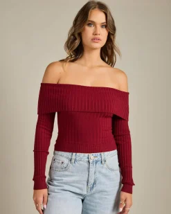 Tops*Ava And Ever Ari Off Shoulder Knit Top Burgundy