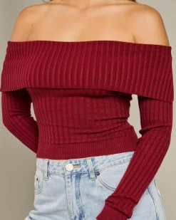 Tops*Ava And Ever Ari Off Shoulder Knit Top Burgundy