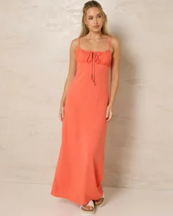 Linen Blend|Dresses*Rhythm Austin Gathered Maxi Dress Coral