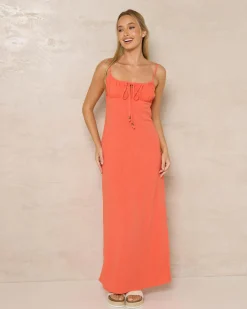 Linen Blend|Dresses*Rhythm Austin Gathered Maxi Dress Coral