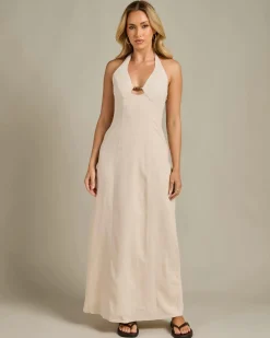 Linen Blend|Dresses*Mooloola Ava Hawaii Maxi Dress Natural Salt & Pepper