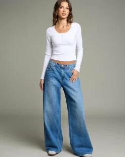 Tops*Ava And Ever Basic Fine Rib Henley Long Sleeve Top White
