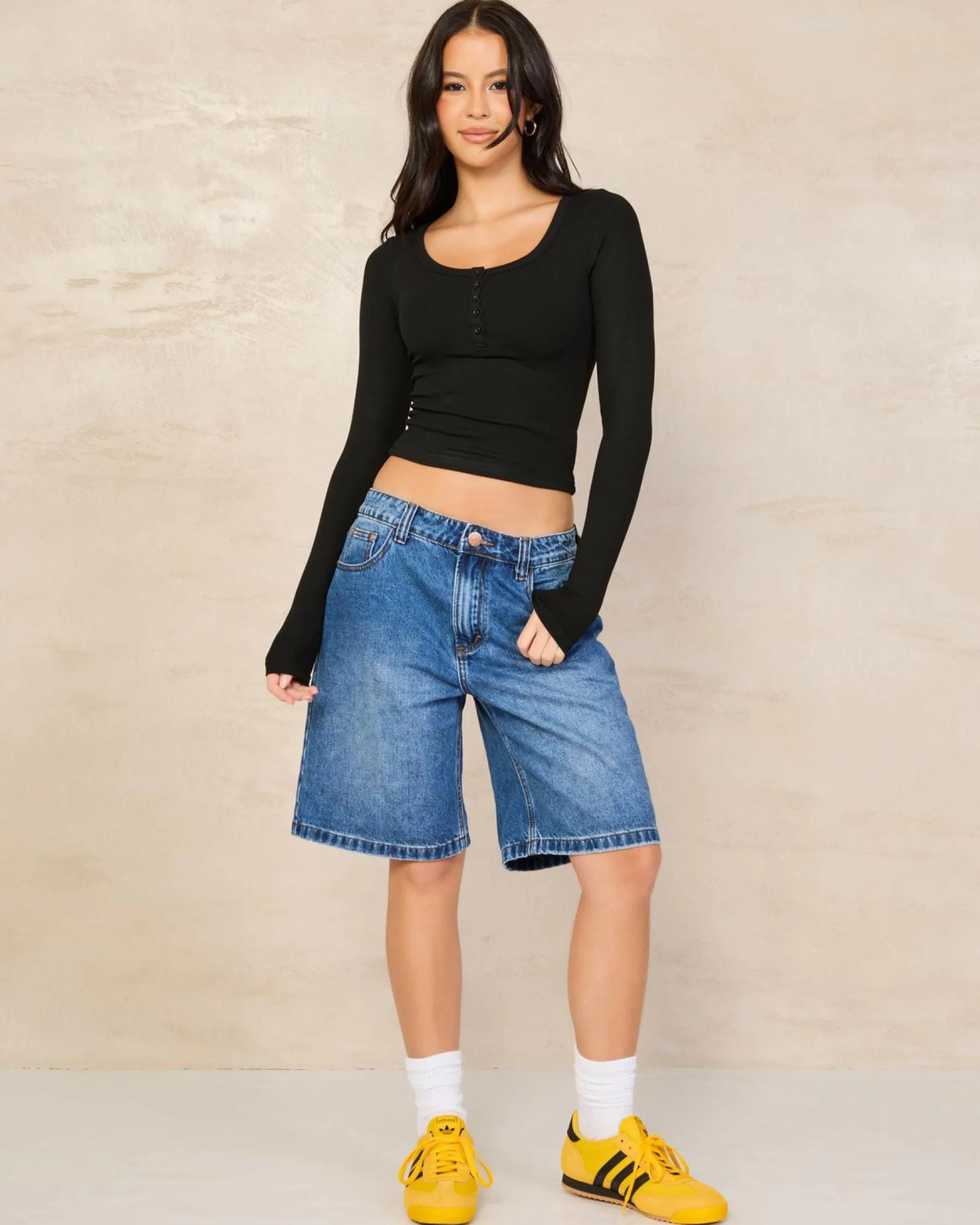 Discount Basic Fine Rib Henley Long Sleeve Top Women Tops
