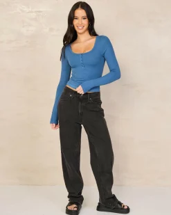 Hot Basic Fine Rib Henley Long Sleeve Top Women Tops