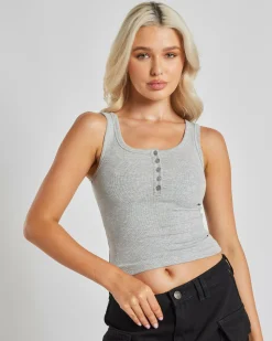 New Basic Fine Rib Henley Tank Top Women Tops