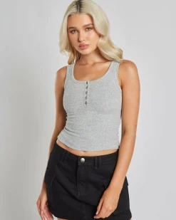 New Basic Fine Rib Henley Tank Top Women Tops