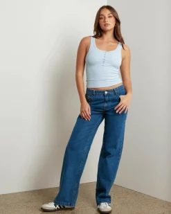 Tops*Ava And Ever Basic Fine Rib Henley Tank Top Cool Blue