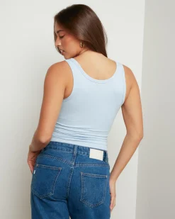Tops*Ava And Ever Basic Fine Rib Henley Tank Top Cool Blue