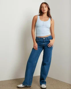Tops*Ava And Ever Basic Fine Rib Henley Tank Top Cool Blue