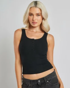 Tops*Ava And Ever Basic Fine Rib Henley Tank Top Black