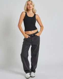 Tops*Ava And Ever Basic Fine Rib Henley Tank Top Black