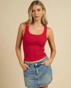 Tops*Ava And Ever Basic Fine Rib Henley Tank Top Berry