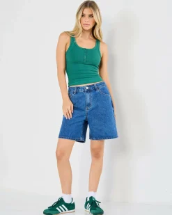 Tops*Ava And Ever Basic Fine Rib Henley Tank Top Forest Green