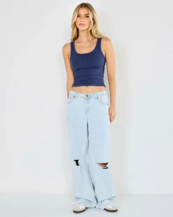 Clearance Basic Fine Rib Henley Tank Top Women Tops