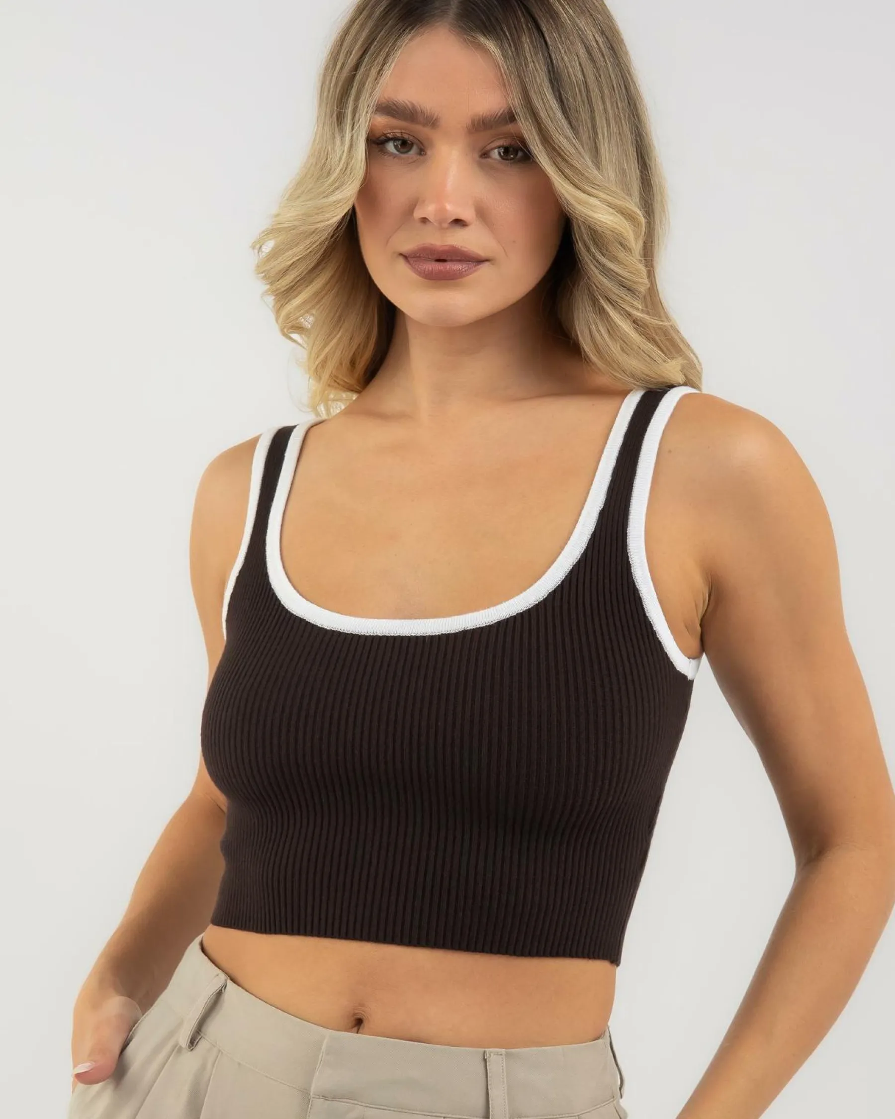 Tops*Mooloola Basic Knit Top Espresso/white