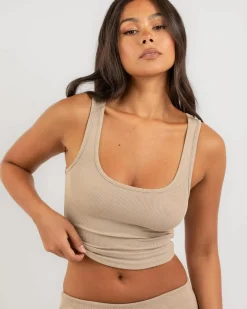 Tops*Mooloola Basic Scoop Neck Rib Tank Top Taupe