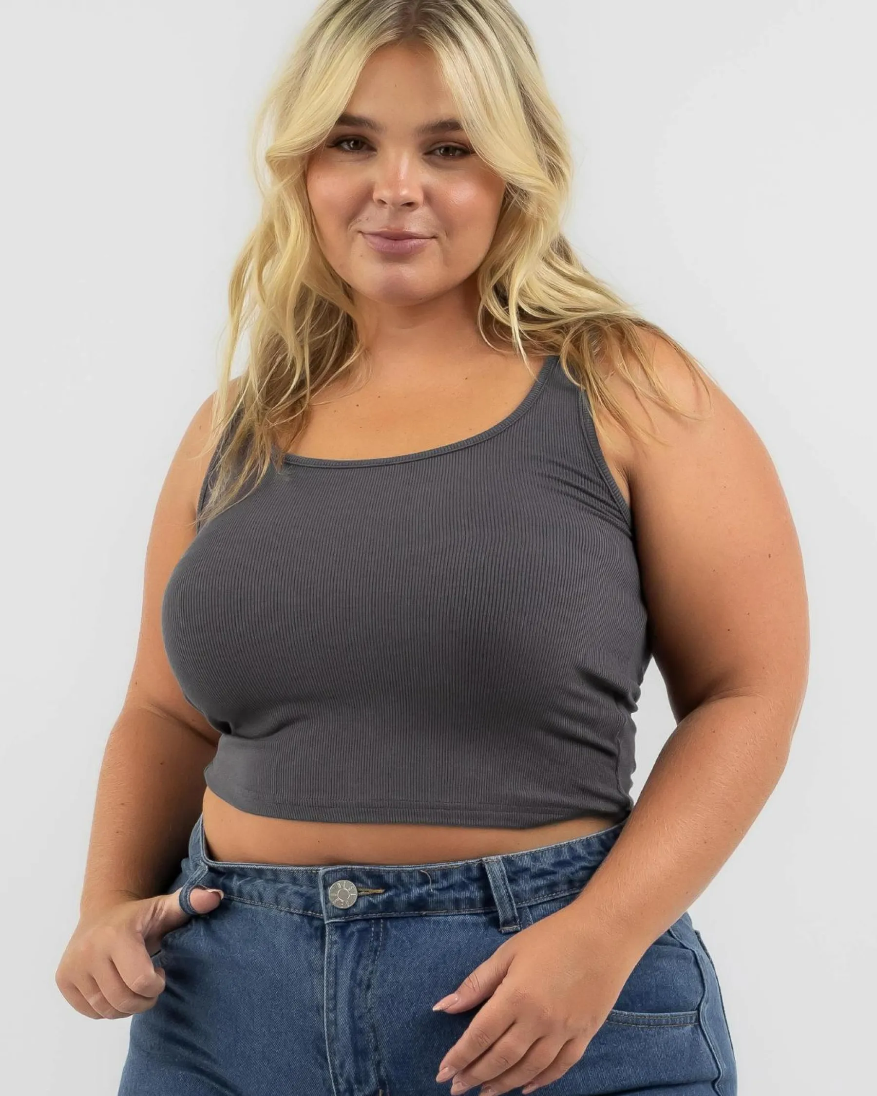 Tops*Mooloola Basic Scoop Neck Rib Tank Top Charcoal