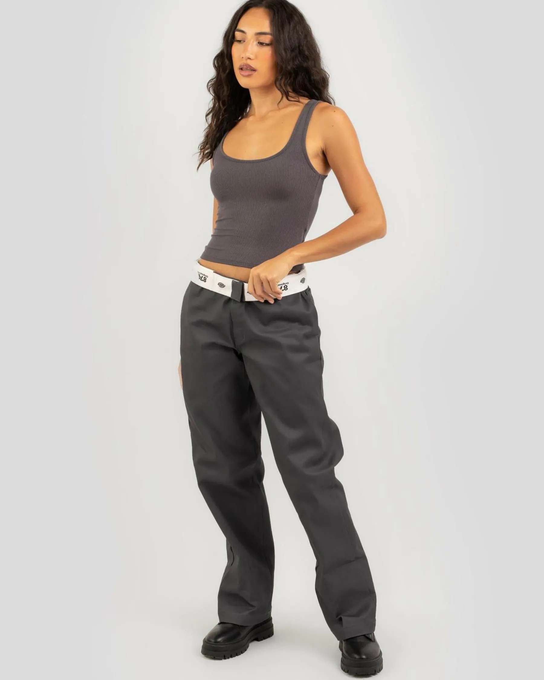 Tops*Mooloola Basic Scoop Neck Rib Tank Top Charcoal