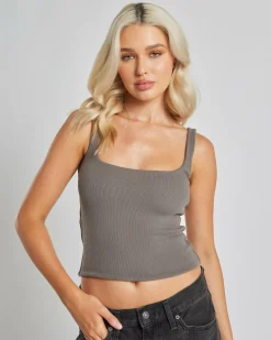 Tops*Mooloola Basic Square Neck Rib Tank Top Charcoal