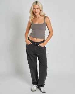 Tops*Mooloola Basic Square Neck Rib Tank Top Charcoal