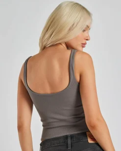 Tops*Mooloola Basic Square Neck Rib Tank Top Charcoal