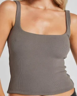 Tops*Mooloola Basic Square Neck Rib Tank Top Charcoal