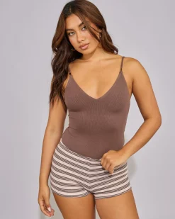 Tops*Mooloola Basic V Neck Bodysuit Espresso