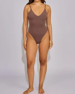 Tops*Mooloola Basic V Neck Bodysuit Espresso