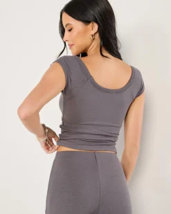 Tops*Ava And Ever Basic V Neck Fine Rib Tee Charcoal
