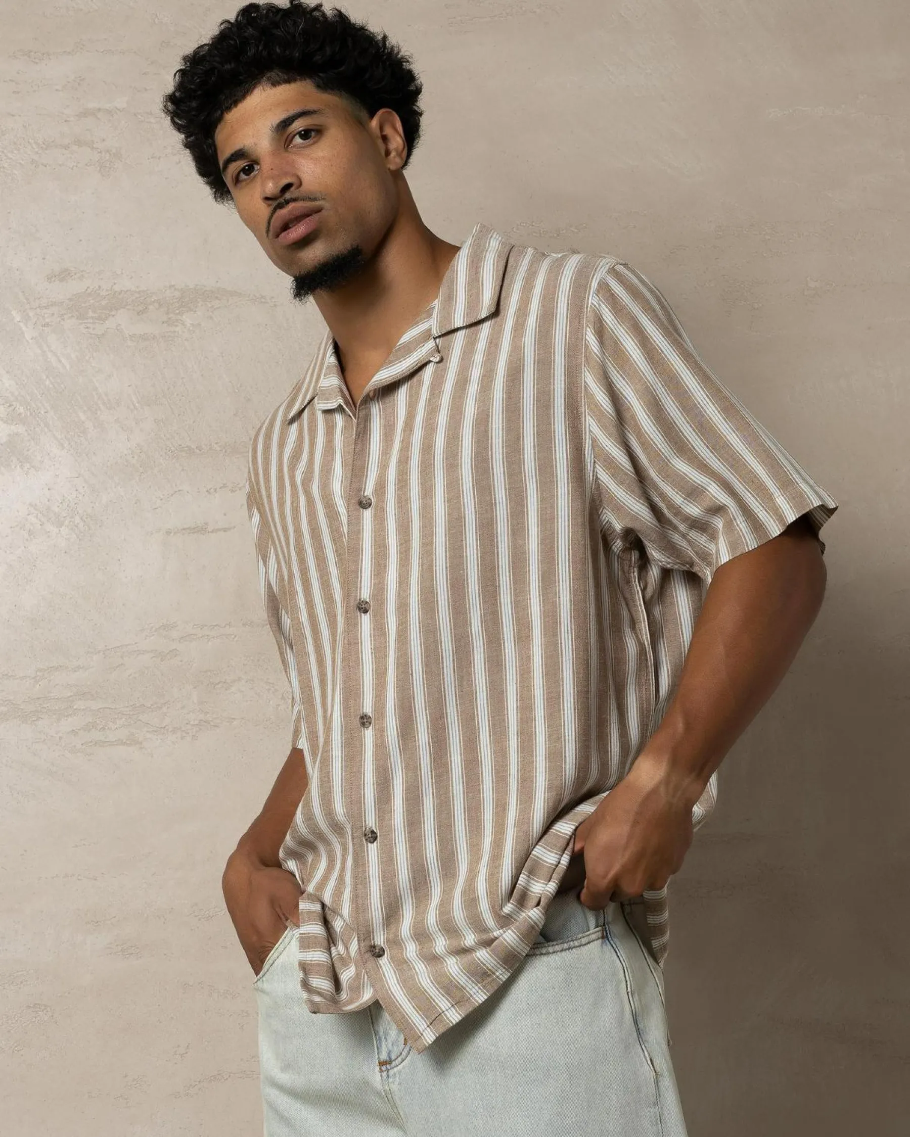 Hot Beat Stripe Vintage Short Sleeve Shirt Tops & T-Shirts|Linen Blend