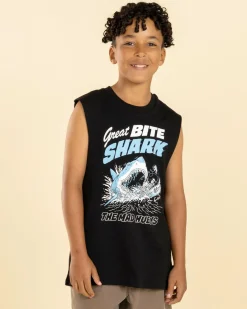 Tops & T-Shirts*The Mad Hueys Boys' Great Bite Shark Muscle Tank Black