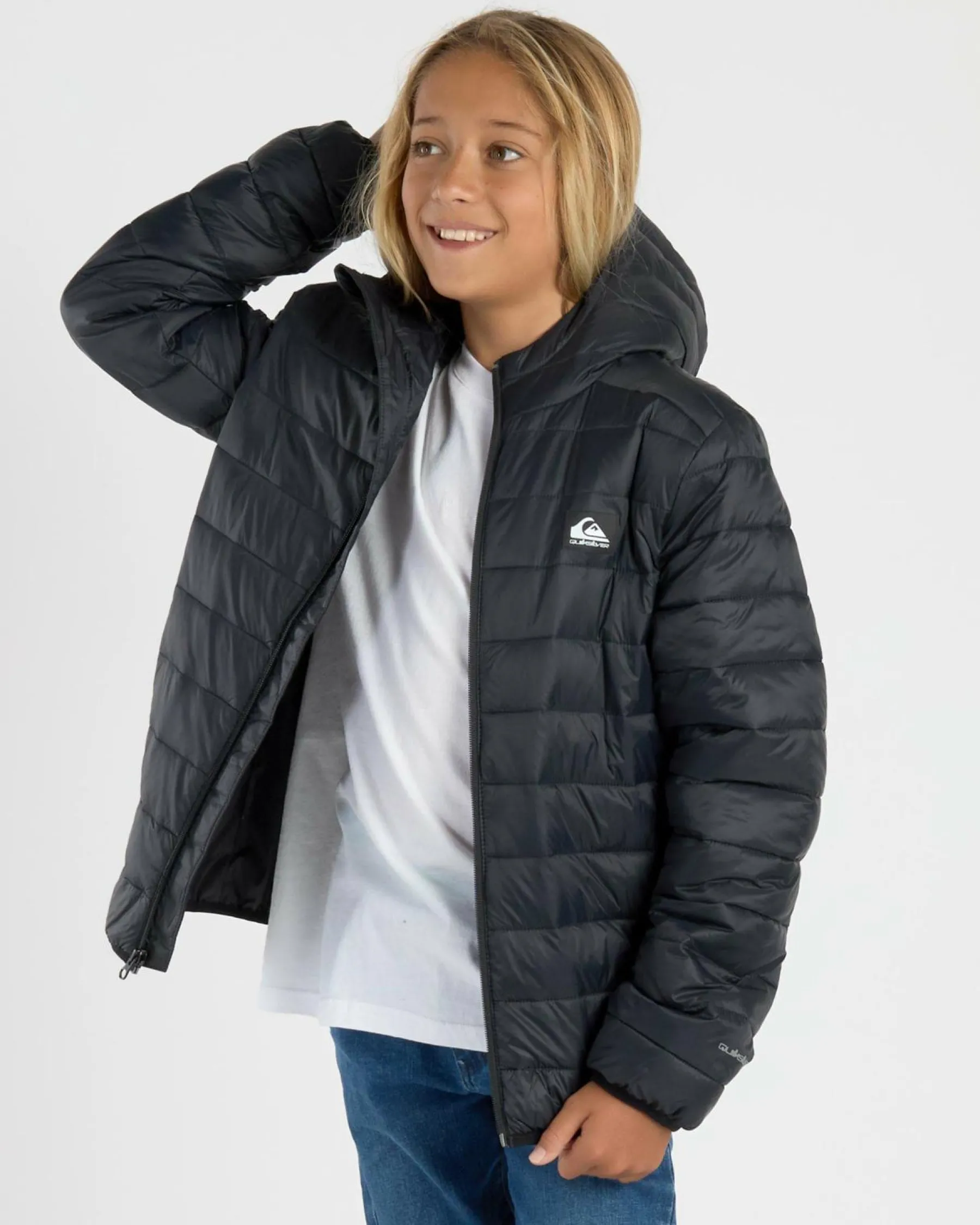 Outerwear*Quiksilver Boys' Scaly Youth Hooded Puffer Jacket Black