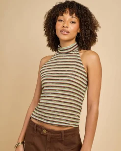 Tops*Thanne Cecille Halter Top Green Stripe