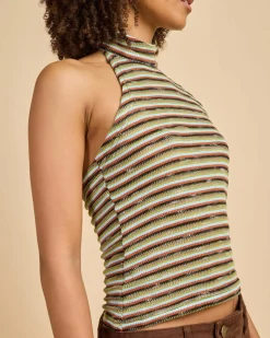 Tops*Thanne Cecille Halter Top Green Stripe