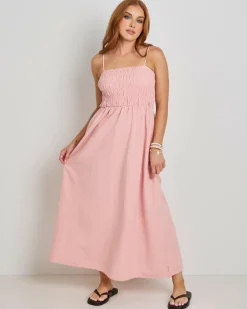 Linen Blend|Dresses*Rhythm Classic Shirred Midi Dress Rose