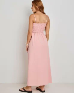Linen Blend|Dresses*Rhythm Classic Shirred Midi Dress Rose