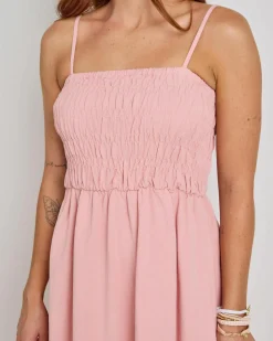 Linen Blend|Dresses*Rhythm Classic Shirred Midi Dress Rose