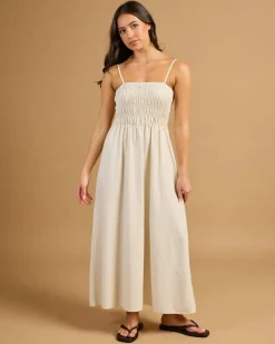 Linen Blend|Dresses*Rhythm Classic Shirred Midi Dress Oat