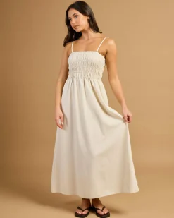 Linen Blend|Dresses*Rhythm Classic Shirred Midi Dress Oat
