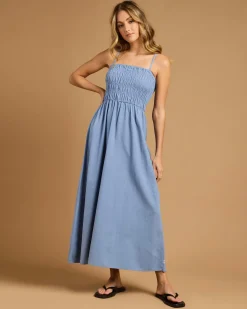 Hot Classic Shirred Midi Dress Women Linen Blend|Dresses