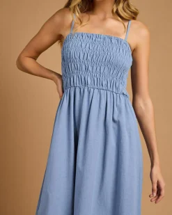 Hot Classic Shirred Midi Dress Women Linen Blend|Dresses